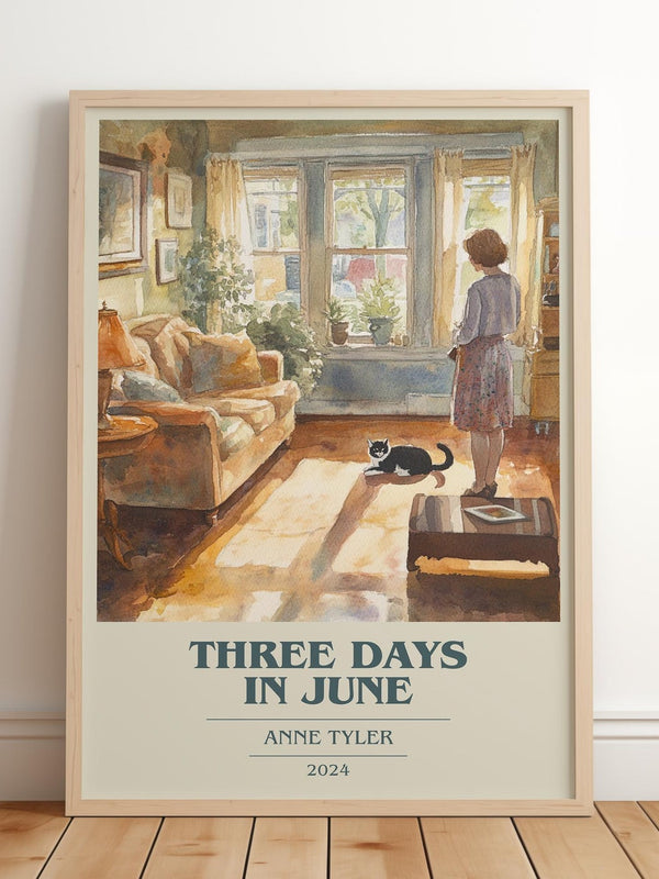 Three Days In June book cover print in frame leaning in hallway – contemporary fiction wall art
