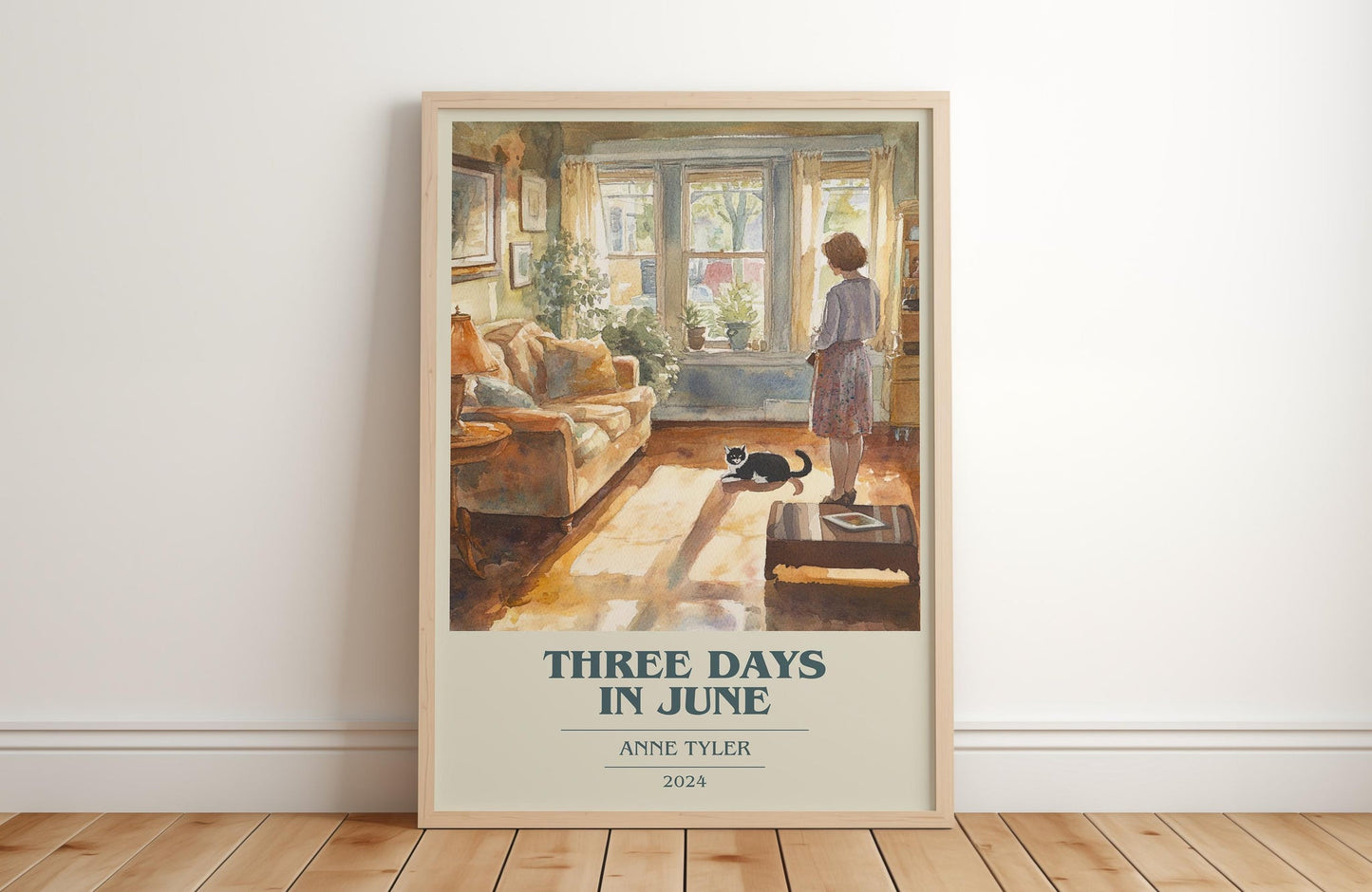 Three Days In June book cover print in frame leaning in hallway – contemporary fiction wall art