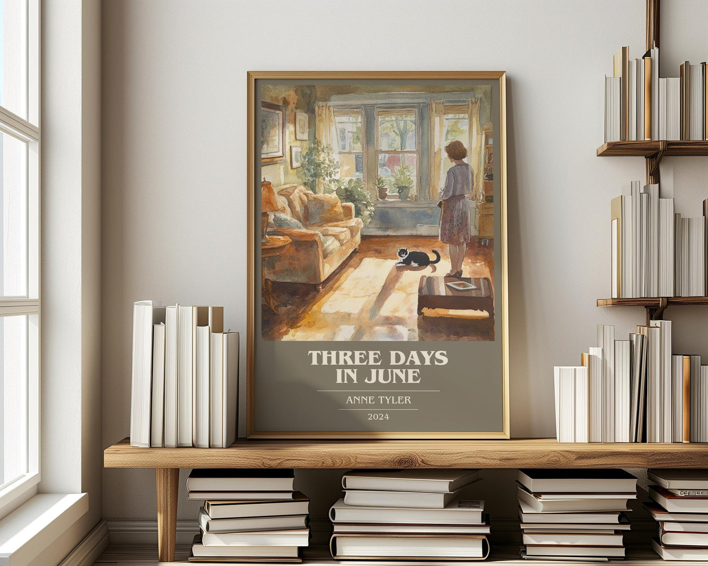 Three Days In June book cover print on bookshelf – Anne Tyler fan gift