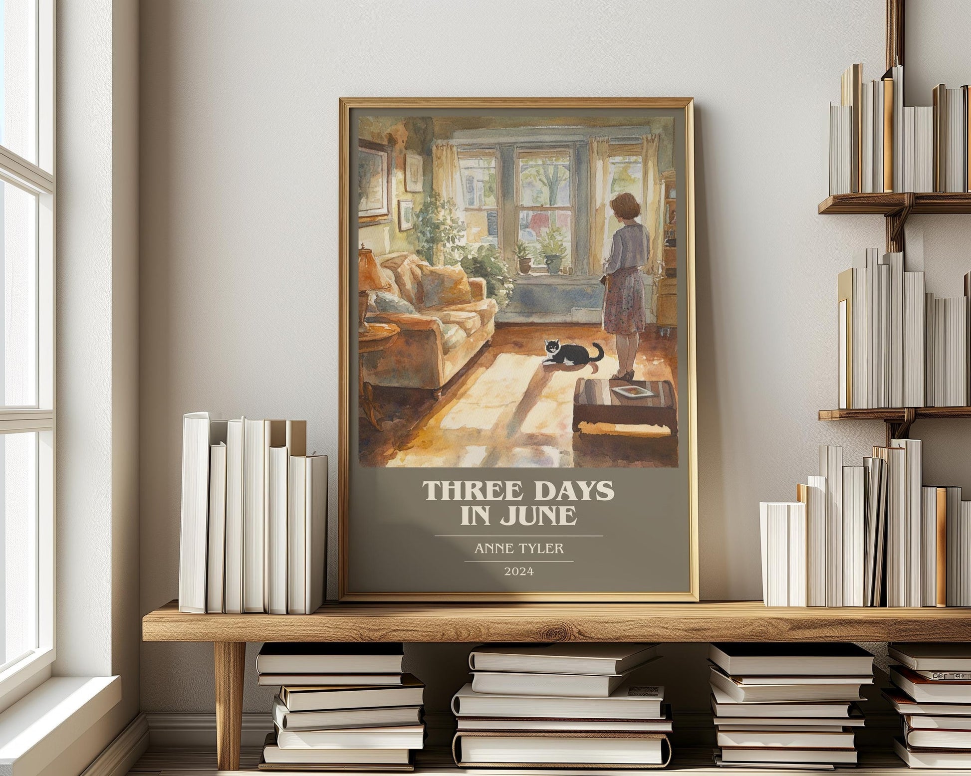 Three Days In June book cover print on bookshelf – Anne Tyler fan gift