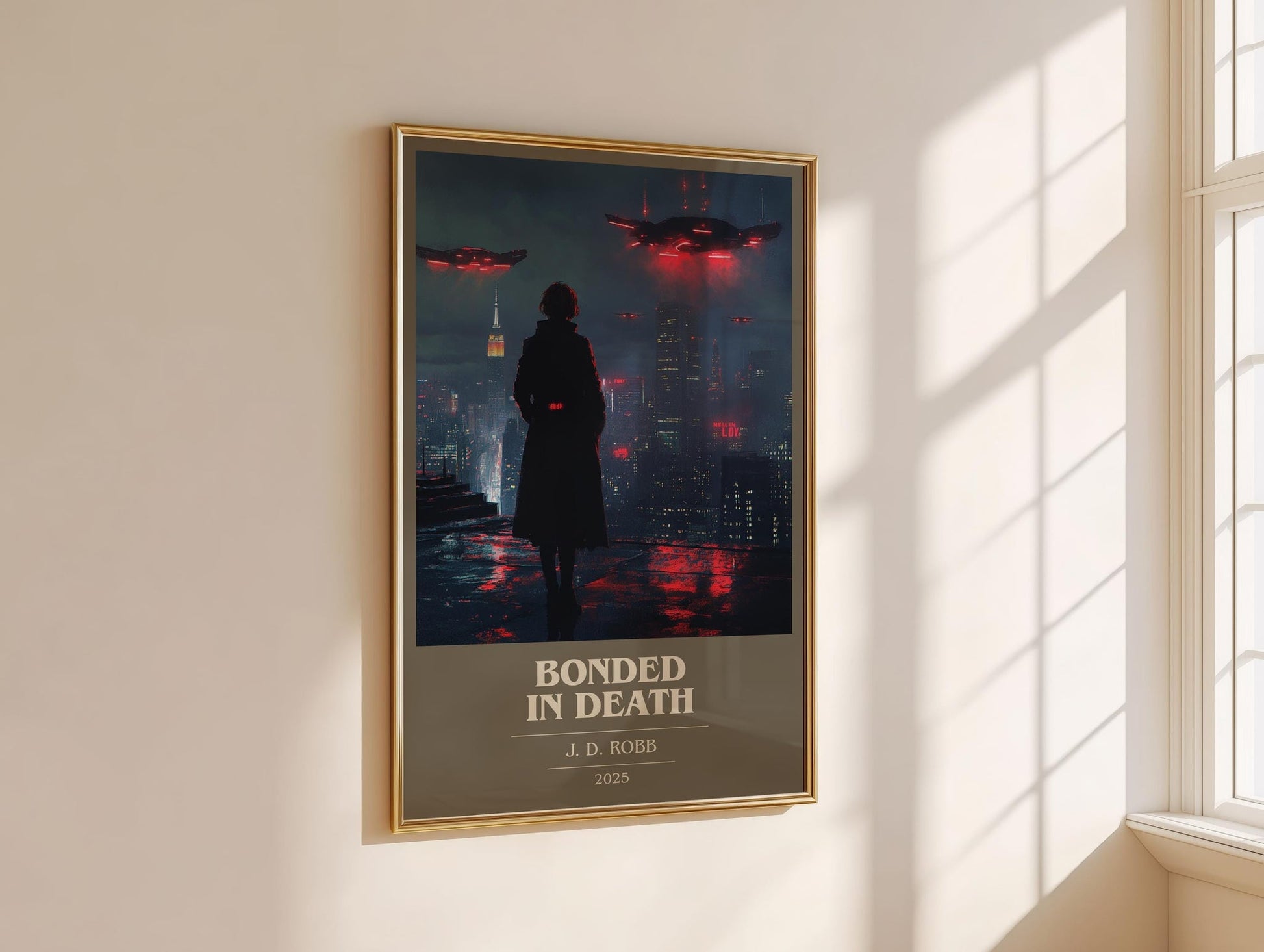 Bonded in Death book cover print on bookshelf – J. D. Robb fan gift