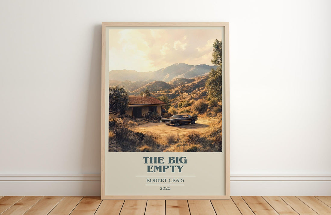 The Big Empty book cover print in frame leaning in hallway – crime wall art (mockup)