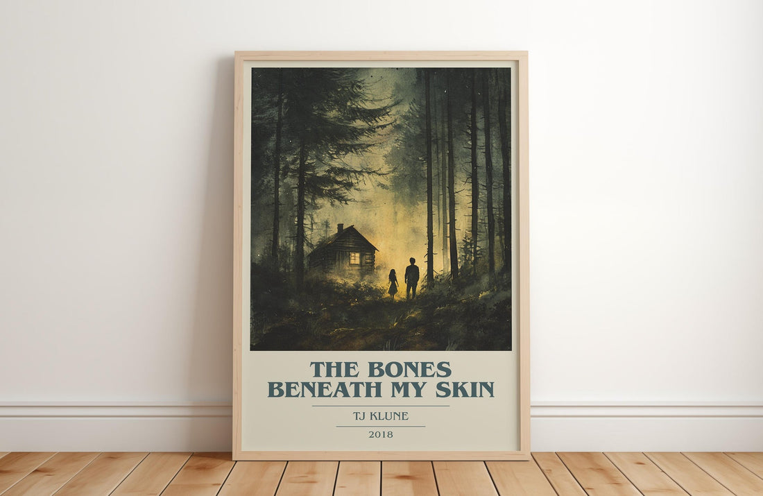 The Bones Beneath My Skin book cover print in frame leaning in hallway – classic literature wall art (mockup)