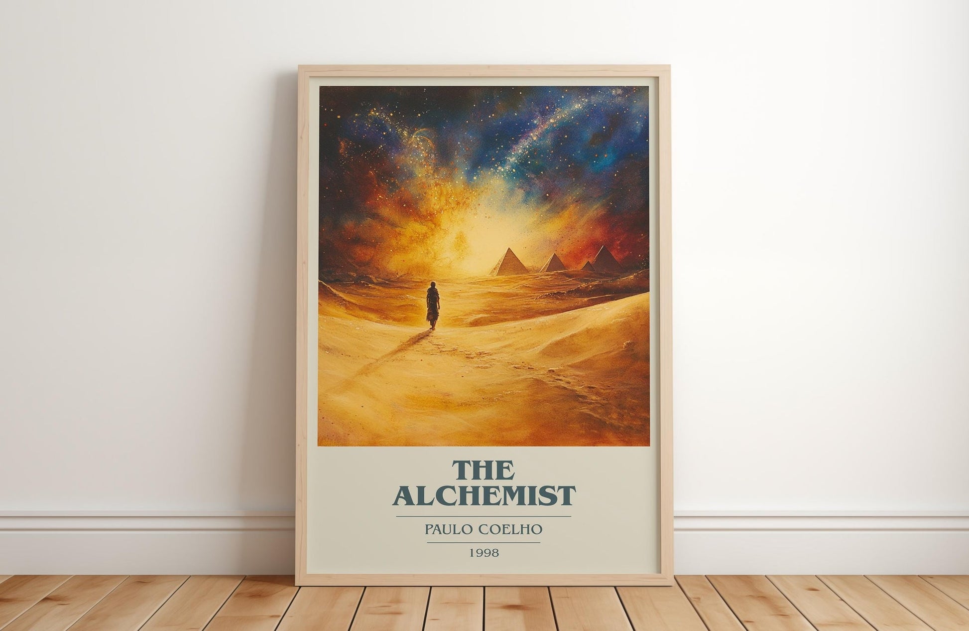 The Alchemist book cover print in frame leaning in hallway – adventure wall art