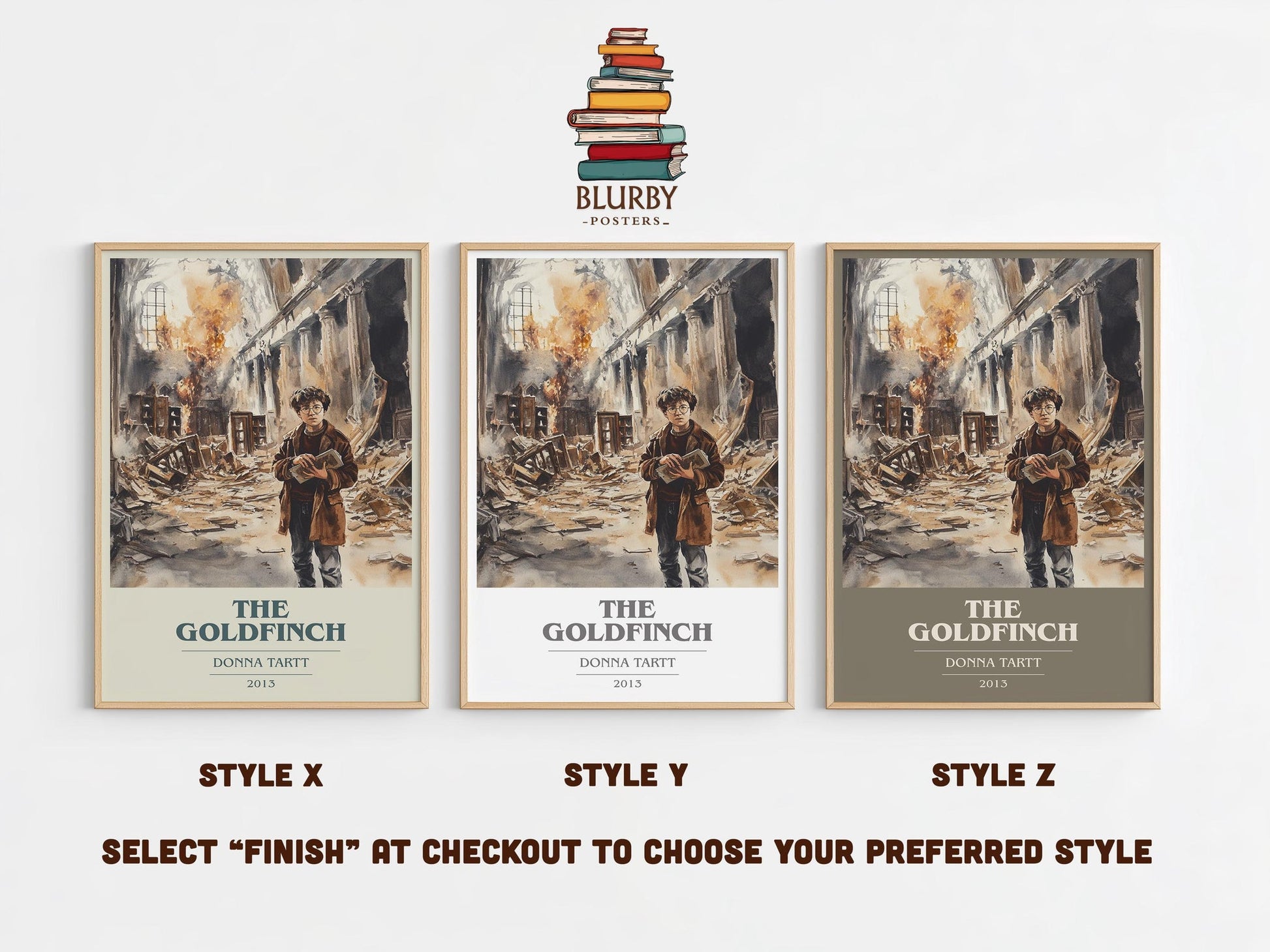 The Goldfinch book cover print in frame leaning in hallway – coming of age wall art
