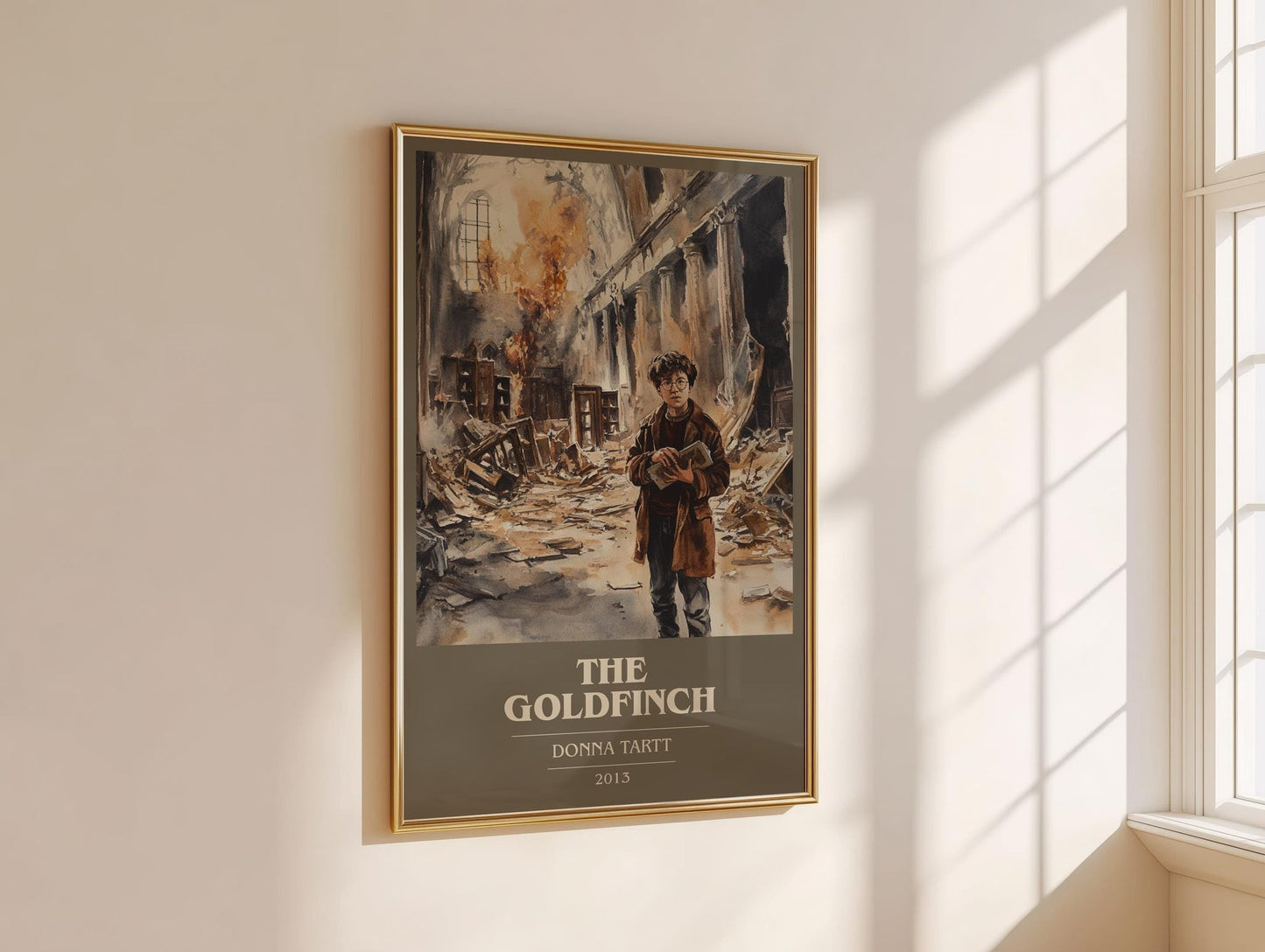 The Goldfinch book cover print framed by window – literary home decor