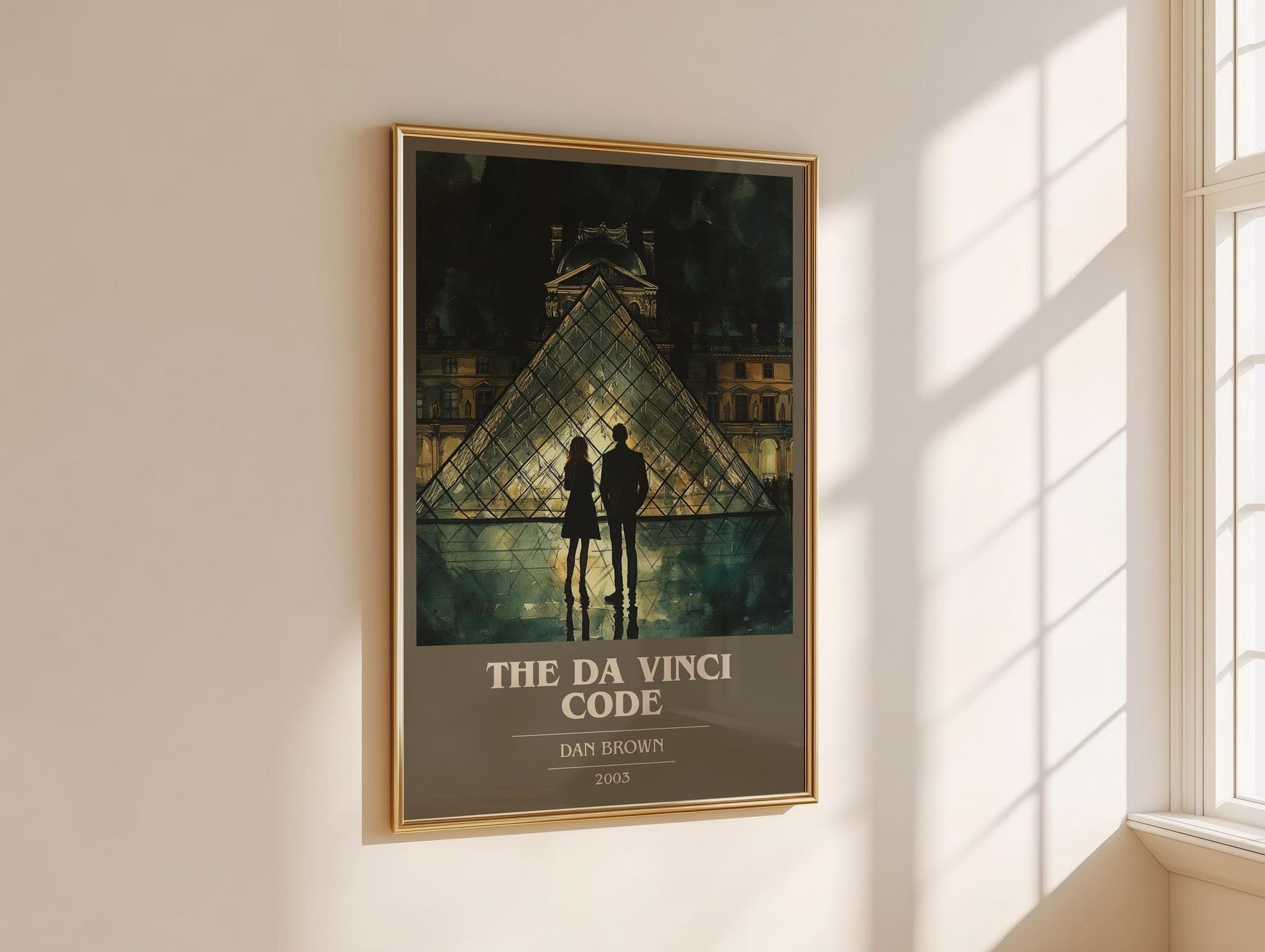 The Da Vinci Code book cover print framed by window – literary home decor