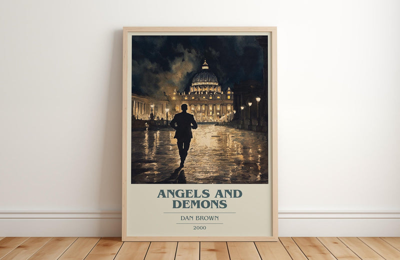 Angels And Demons book cover print in frame leaning in hallway – thriller wall art