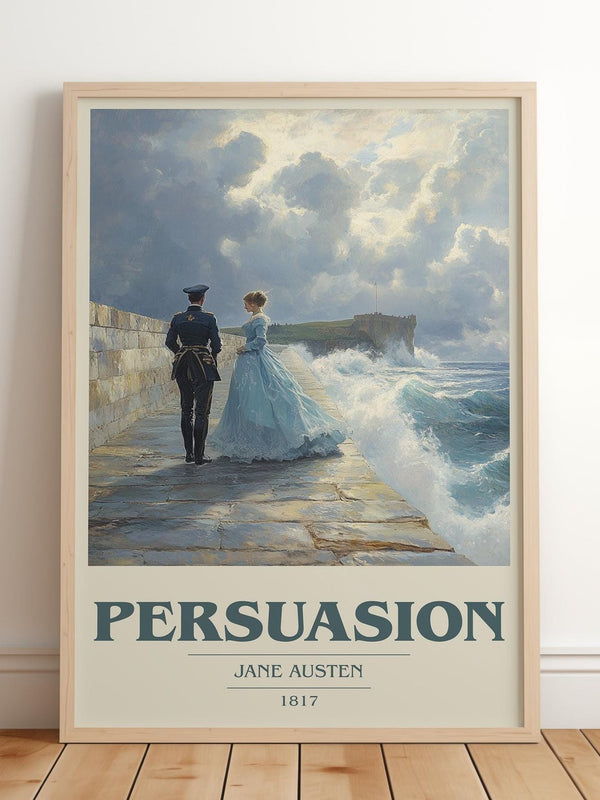 Persuasion book cover print in frame leaning in hallway – classic literature wall art