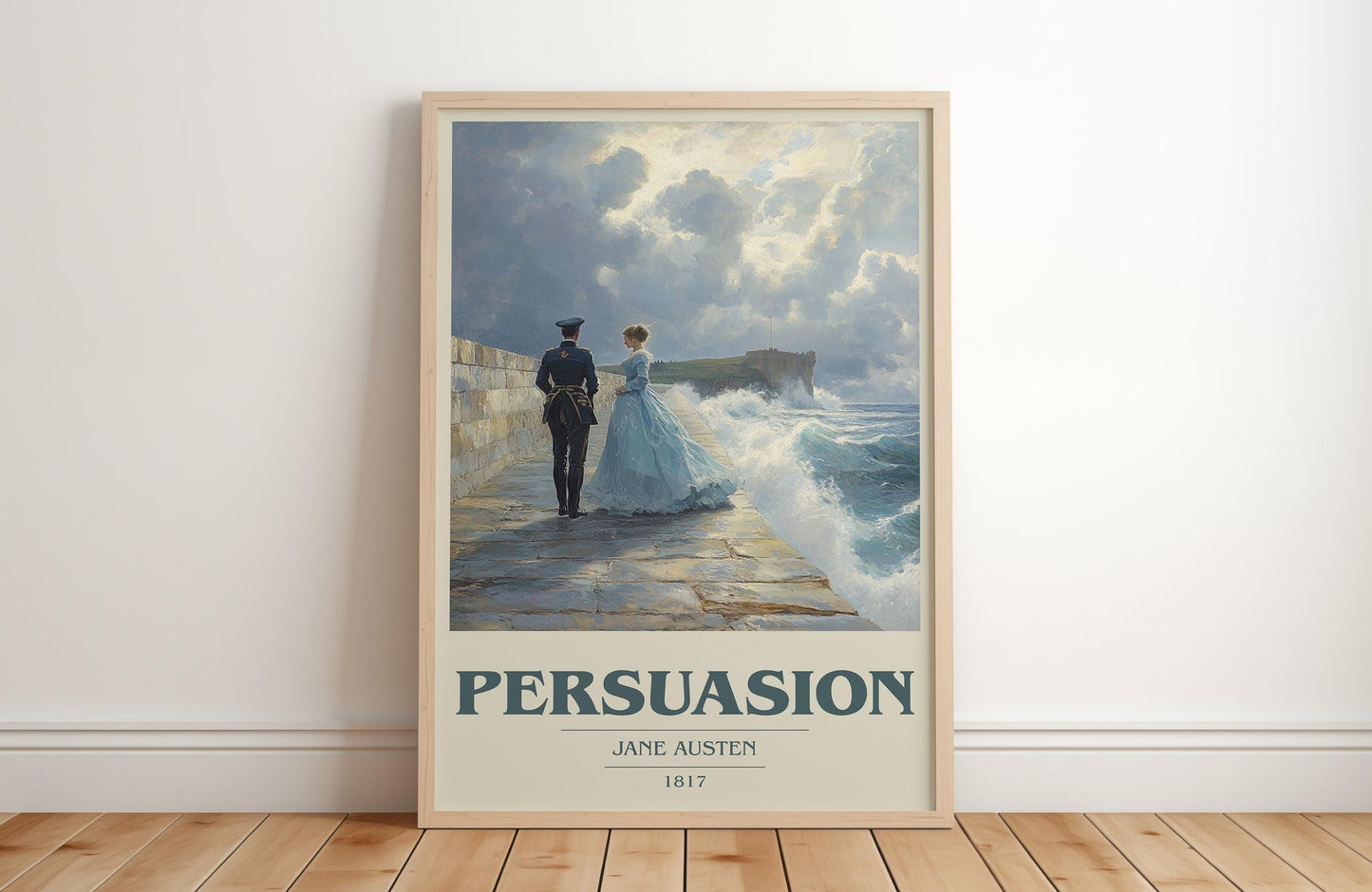 Persuasion book cover print in frame leaning in hallway – classic literature wall art