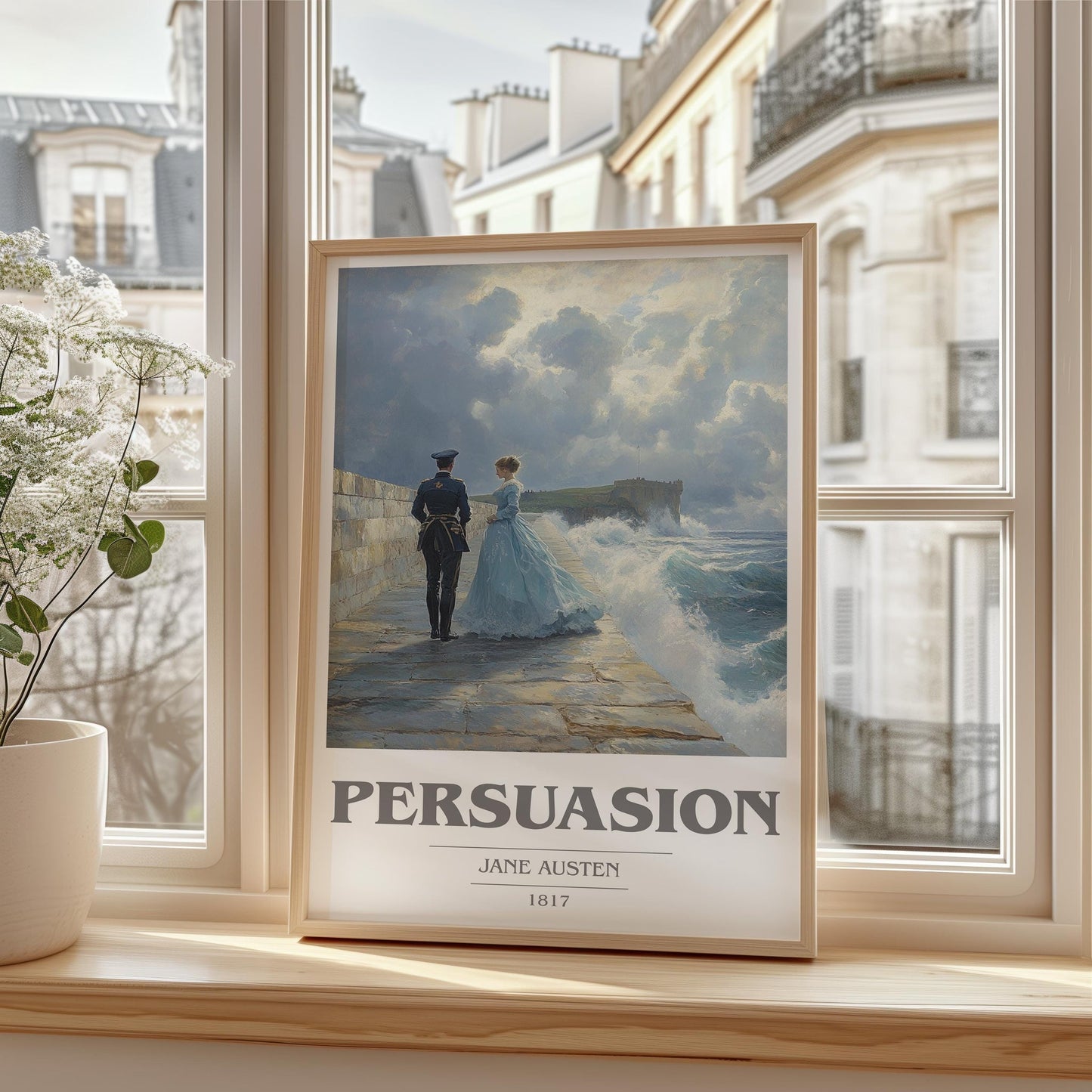 Persuasion book cover print framed by window – literary home decor