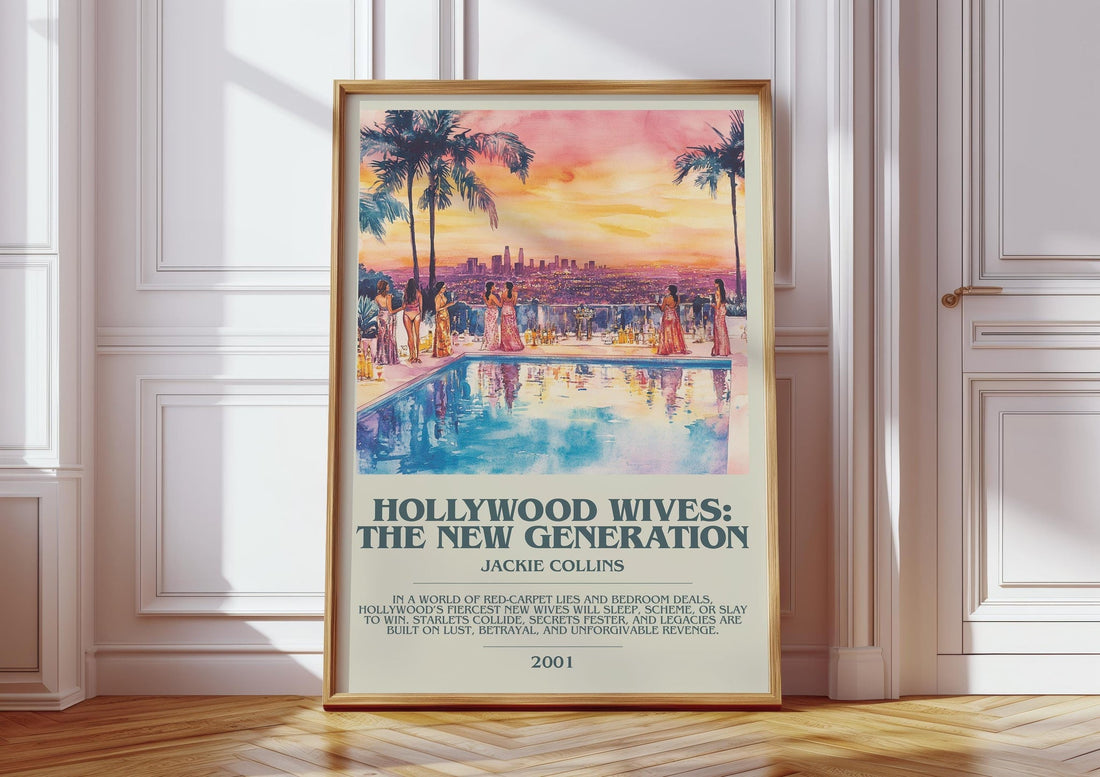 Hollywood Wives: The New Generation bookish print in frame leaning in hallway – romance wall art (mockup)
