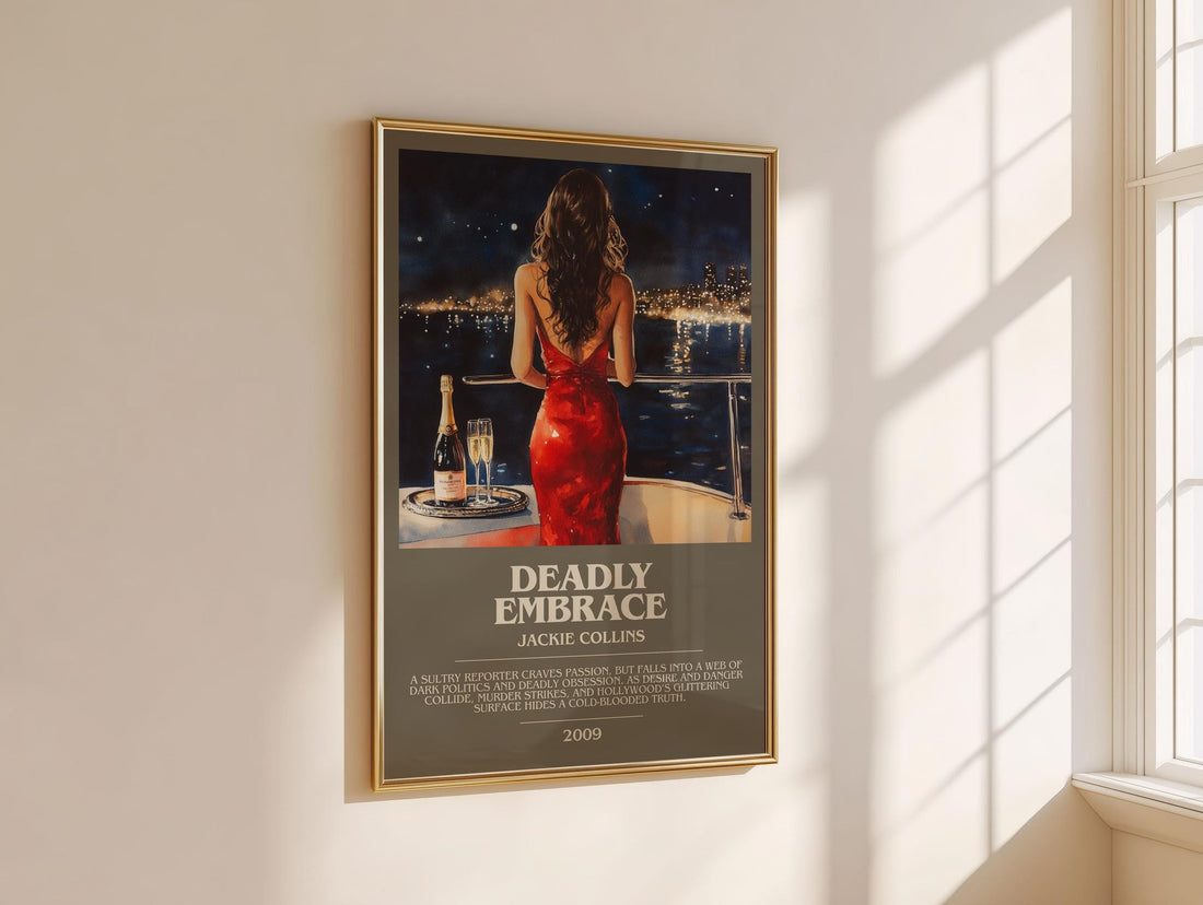 Deadly Embrace bookish book poster framed on wall – romance wall art (mockup)