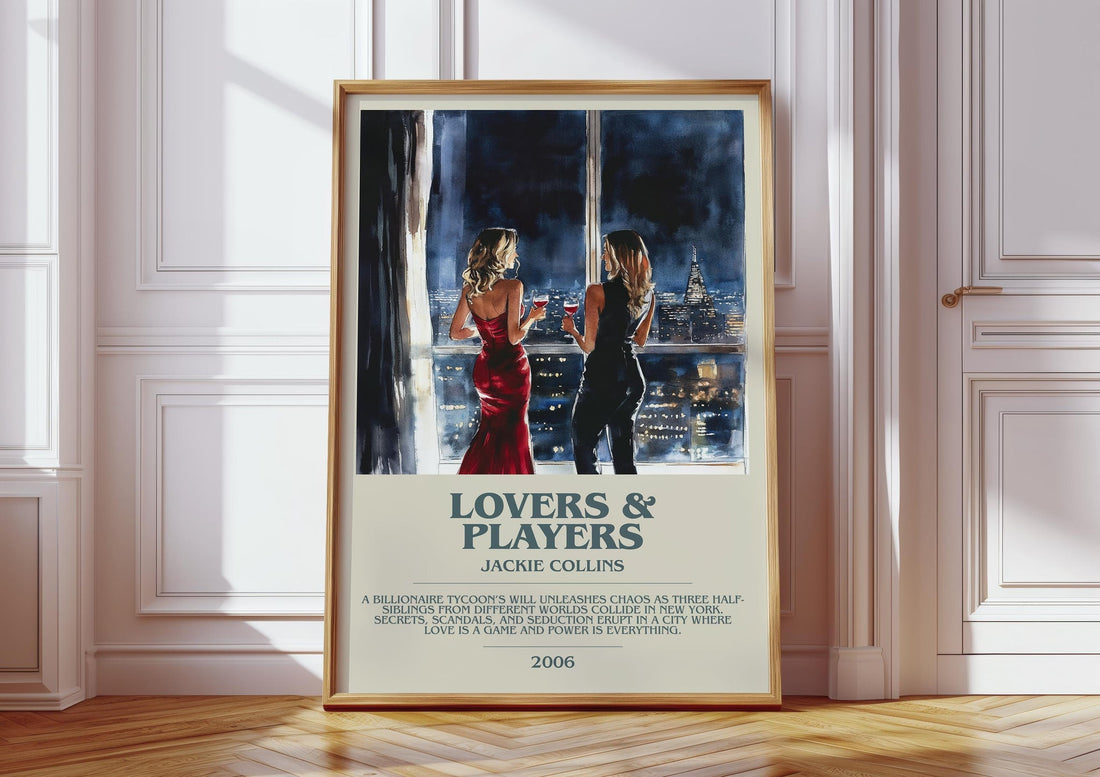Lovers and Players bookish print in frame leaning in hallway – romance wall art (mockup)