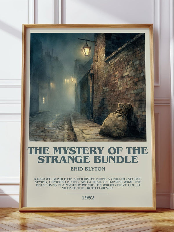 The Mystery of the Strange Bundle bookish print in frame leaning in hallway – childrens wall art