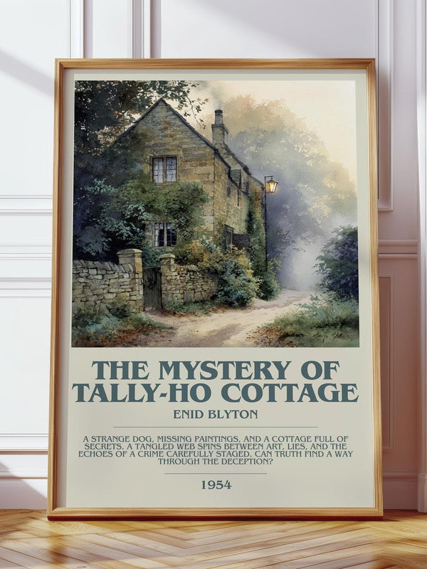 The Mystery of Tally-ho Cottage bookish print in frame leaning in hallway – mystery wall art