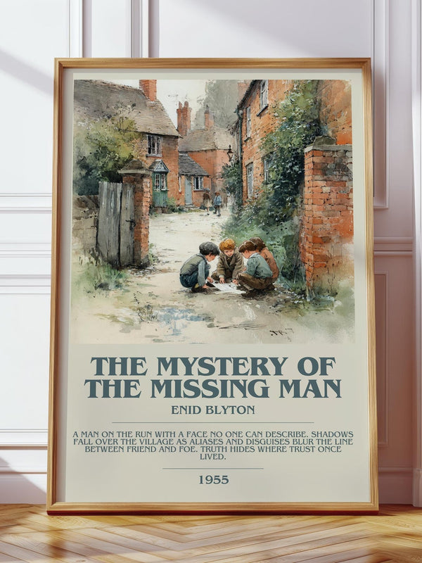 The Mystery Of The Missing Man bookish print in frame leaning in hallway – mystery wall art