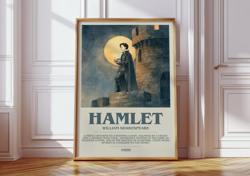 Hamlet bookish print in frame leaning in hallway – classic literature wall art