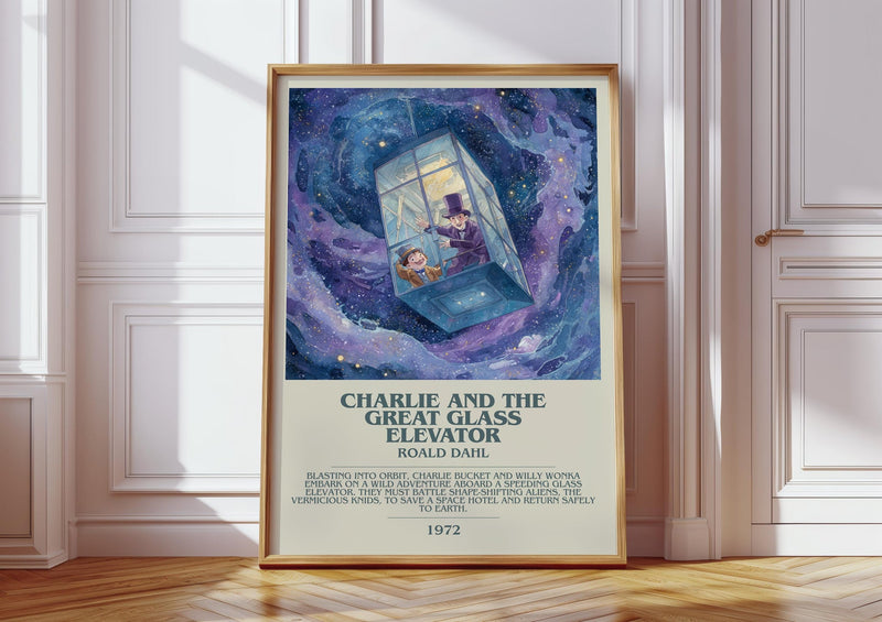 Charlie and the Great Glass Elevator bookish print in frame leaning in hallway – childrens wall art