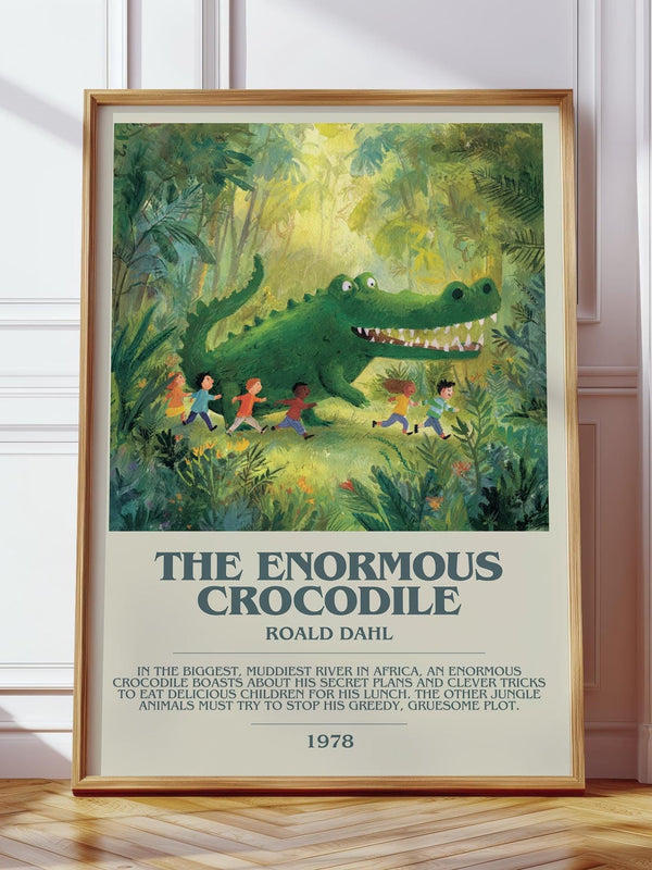 The Enormous Crocodile bookish print in frame leaning in hallway – childrens wall art