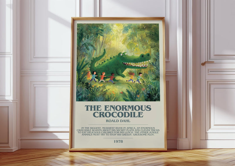 The Enormous Crocodile bookish print in frame leaning in hallway – childrens wall art