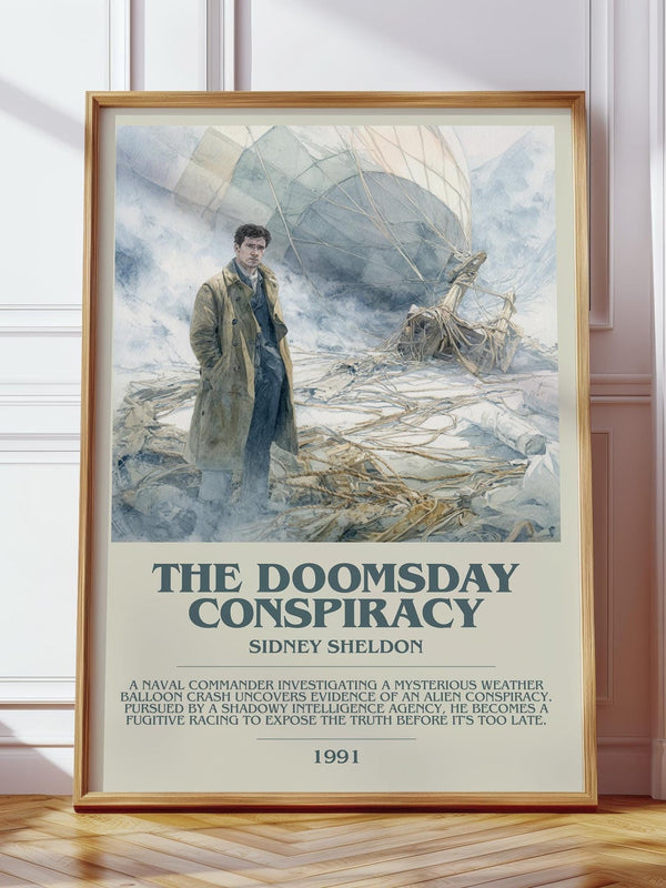 The Doomsday Conspiracy bookish print in frame leaning in hallway – thriller wall art
