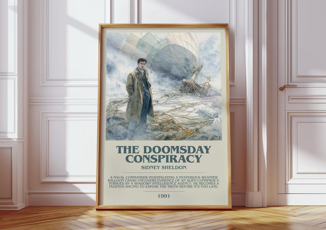 The Doomsday Conspiracy bookish print in frame leaning in hallway – thriller wall art (mockup)