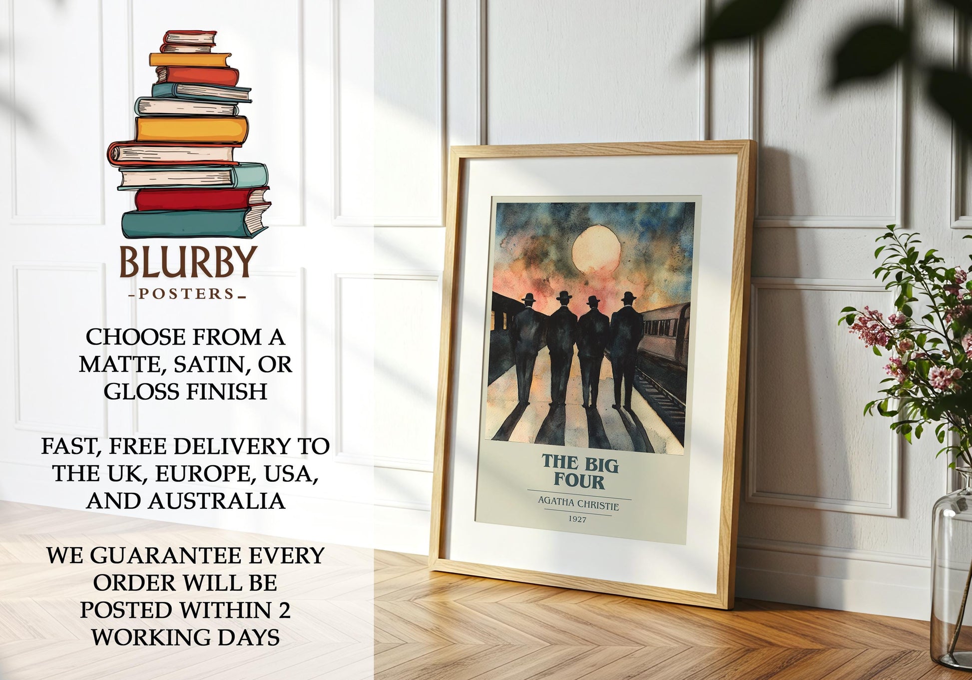 The Big Four by Agatha Christie Descriptive Poster Print. Free Delivery Wall Art Author & Blurb Book Artwork Novel