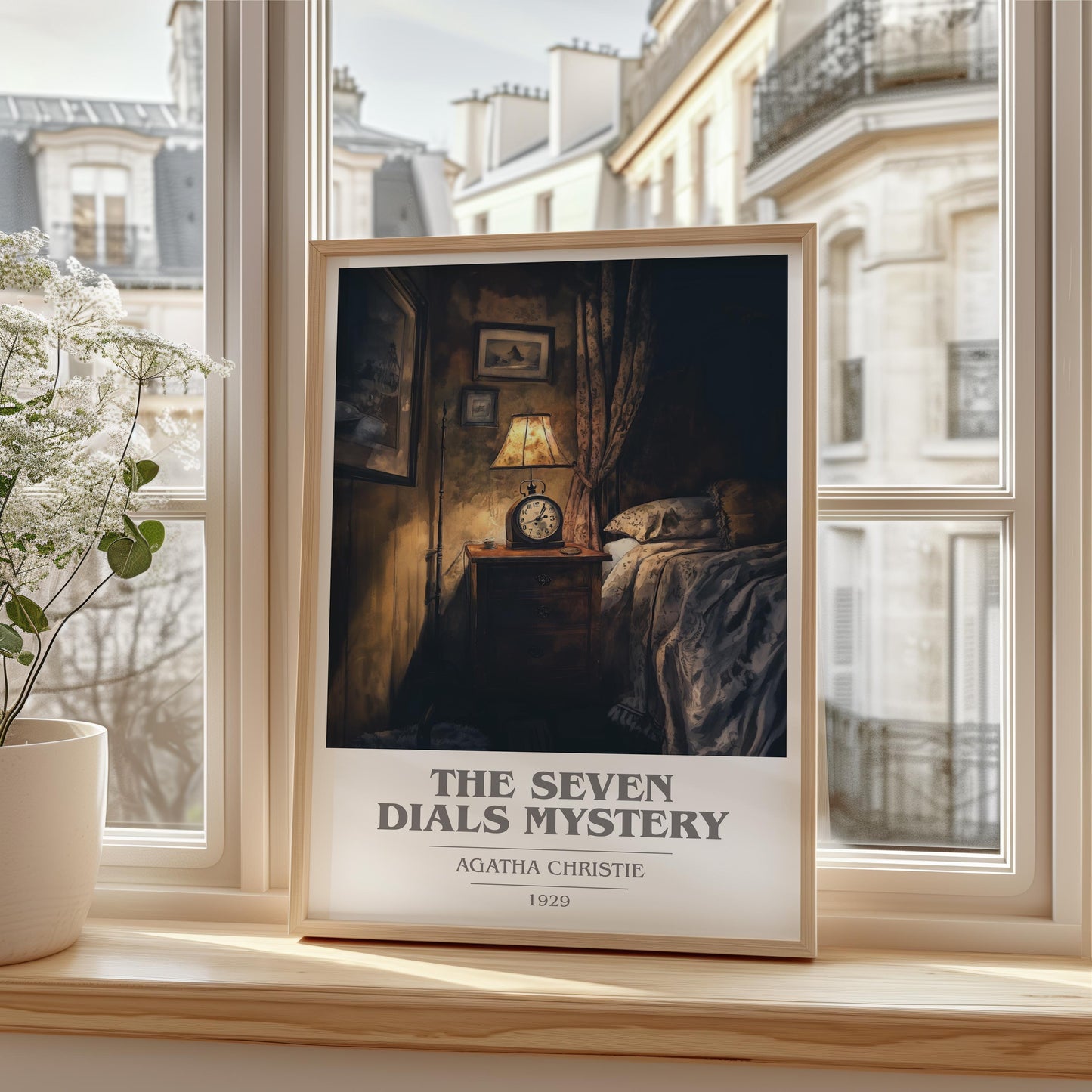 The Seven Dials Mystery by Agatha Christie Descriptive Poster Print. Free Delivery Wall Art Author & Blurb Book Artwork Novel