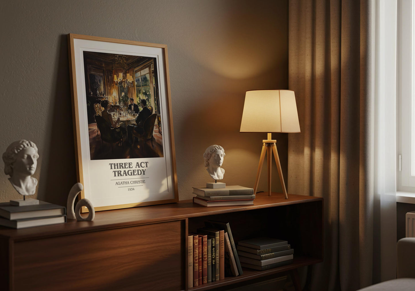 Three Act Tragedy by Agatha Christie Descriptive Poster Print. Free Delivery Wall Art Author & Blurb Book Artwork Novel