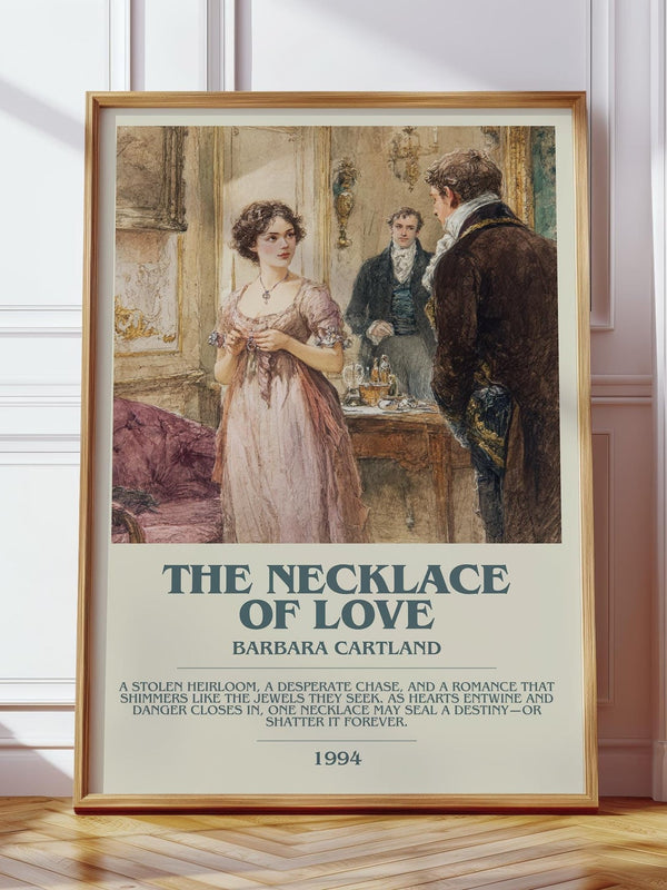 The Necklace of Love bookish print in frame leaning in hallway – romance wall art