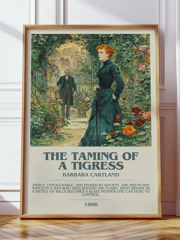 The Taming of a Tigress bookish print in frame leaning in hallway – romance wall art