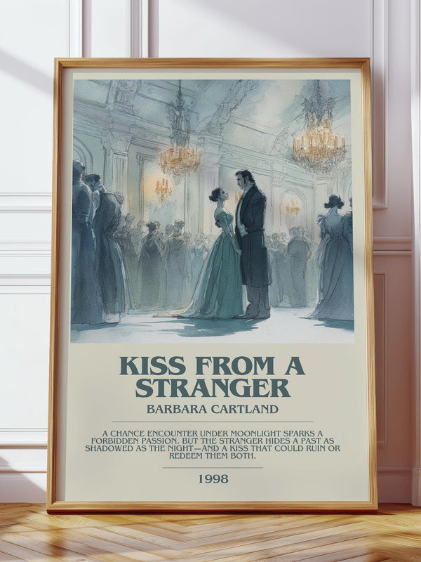 Kiss from a Stranger bookish print in frame leaning in hallway – romance wall art