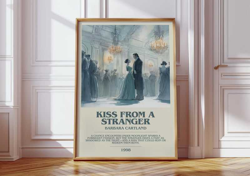 Kiss from a Stranger bookish print in frame leaning in hallway – romance wall art