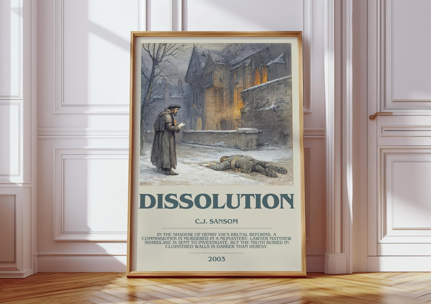 Dissolution bookish print in frame leaning in hallway – historical fiction wall art