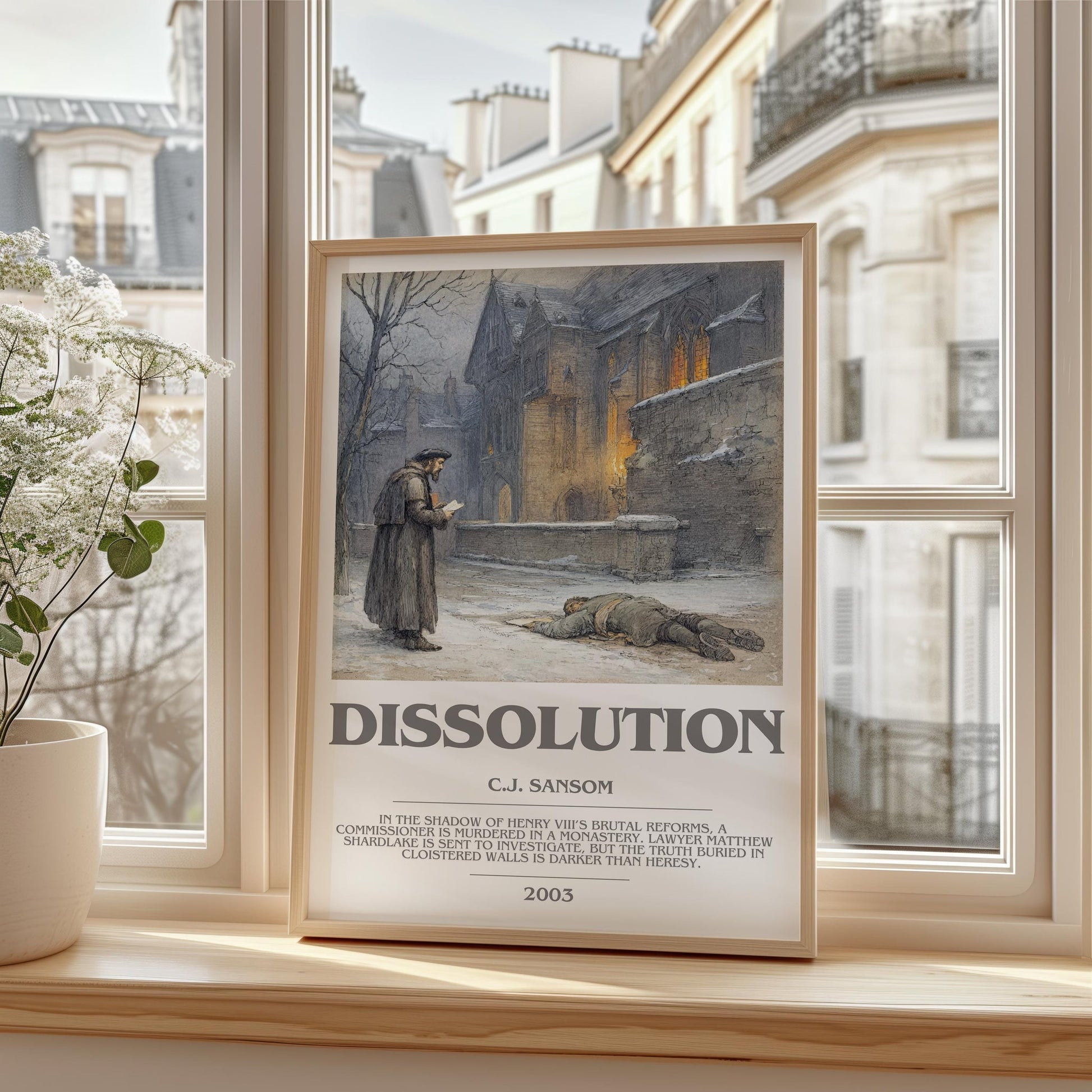 Dissolution bookish print framed by window – literary home decor
