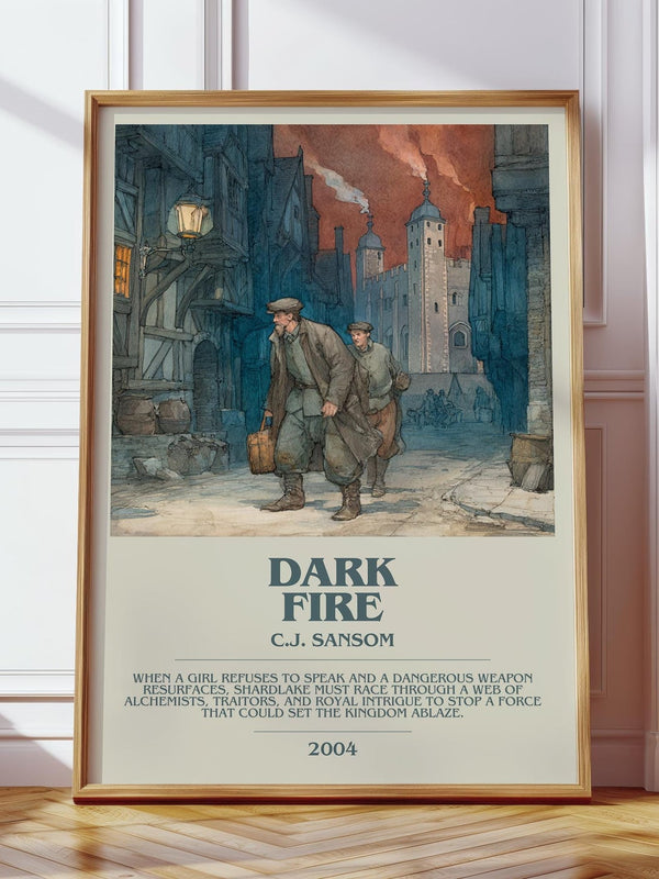 Dark Fire bookish print in frame leaning in hallway – historical fiction wall art