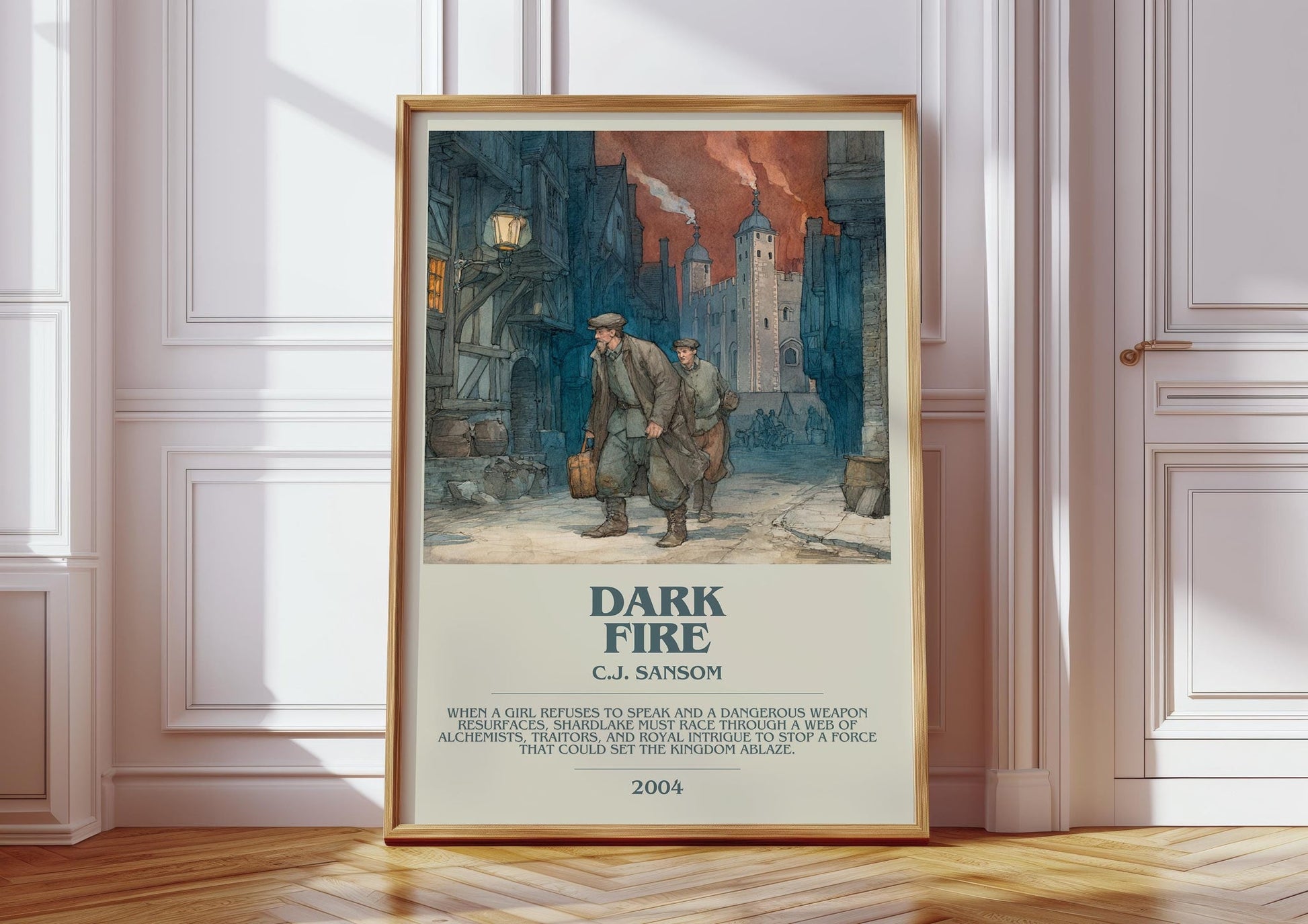 Dark Fire bookish print in frame leaning in hallway – historical fiction wall art