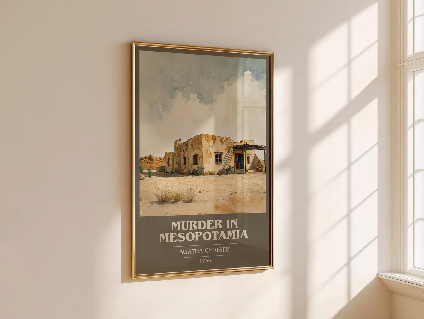Murder in Mesopotamia book cover print on bookshelf – Agatha Christie fan gift