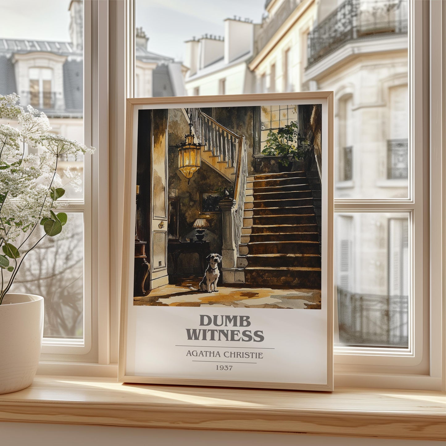 Dumb Witness book cover print framed by window – literary home decor