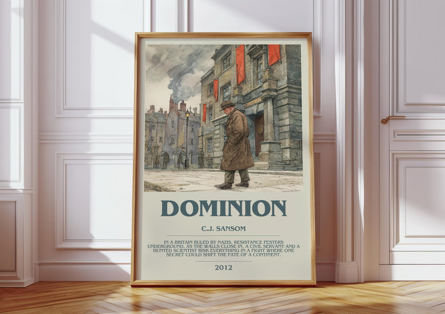 Dominion bookish print in frame leaning in hallway – historical fiction wall art