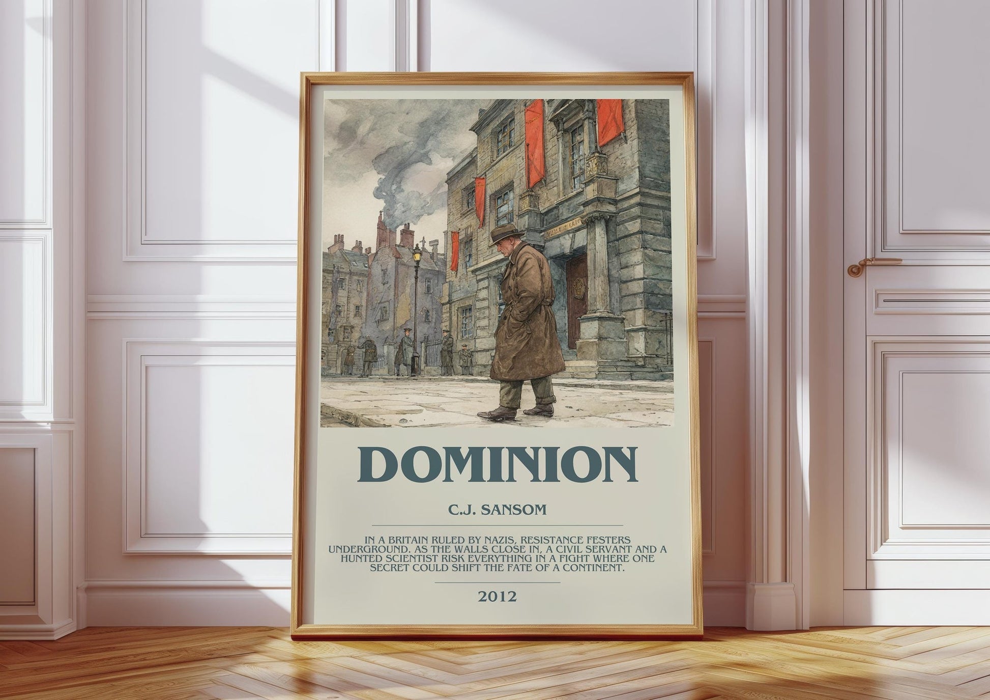 Dominion bookish print in frame leaning in hallway – historical fiction wall art