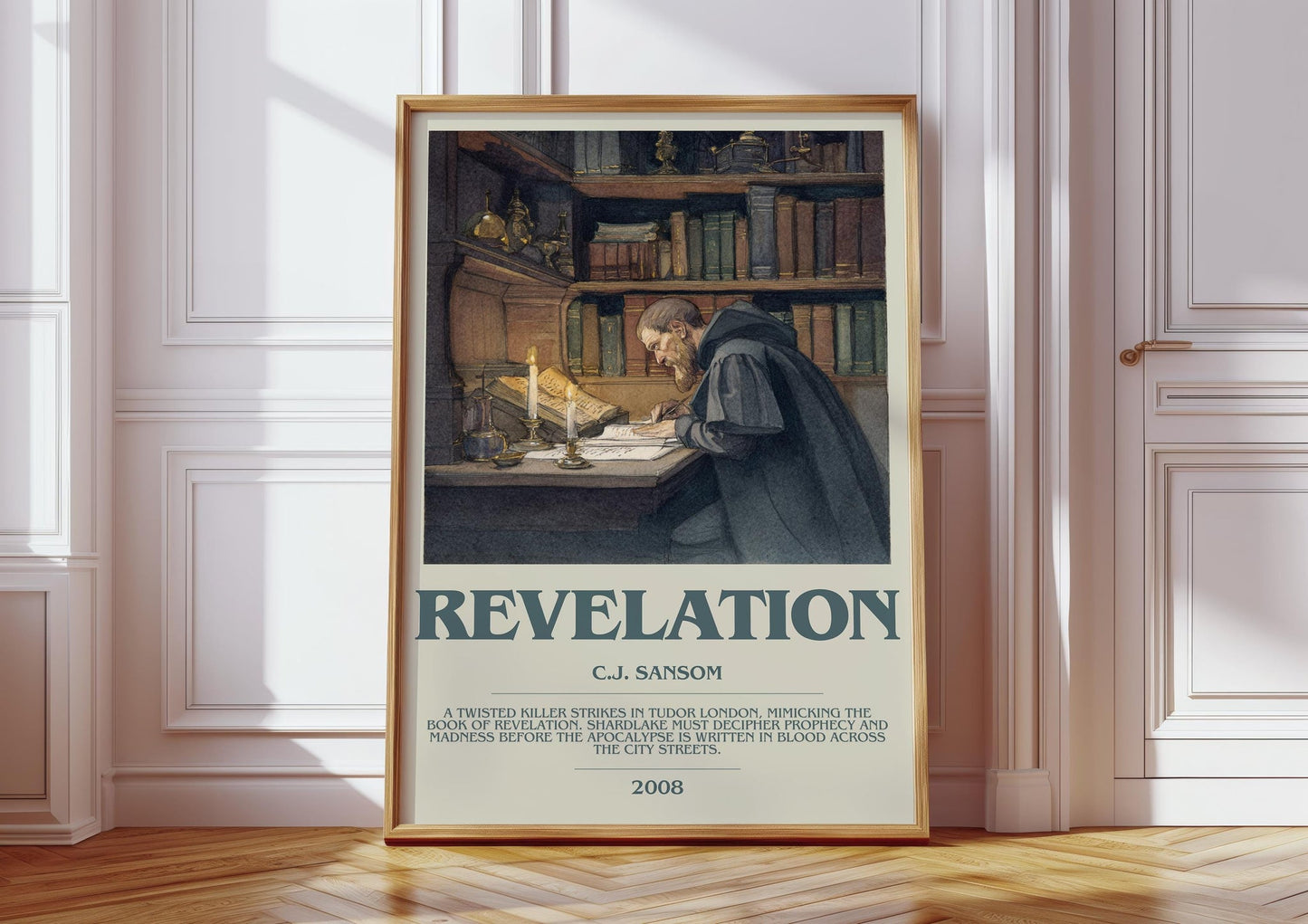 Revelation bookish print in frame leaning in hallway – historical fiction wall art