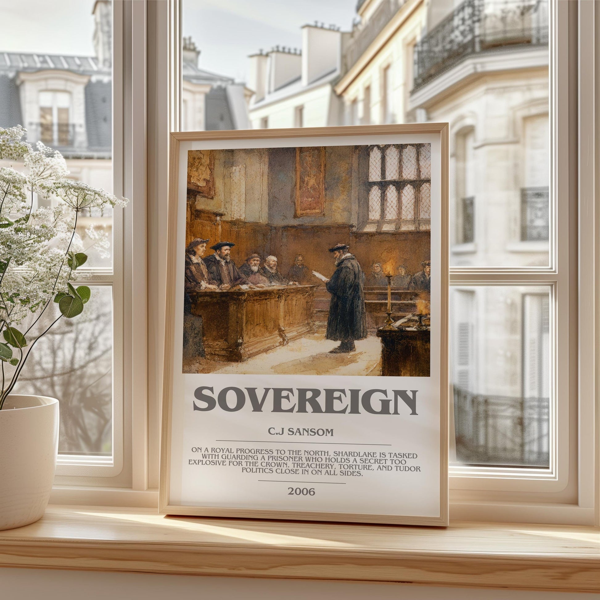 Sovereign bookish print framed by window – literary home decor