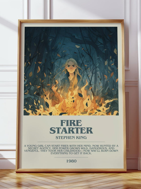 Firestarter bookish print in frame leaning in hallway – horror wall art