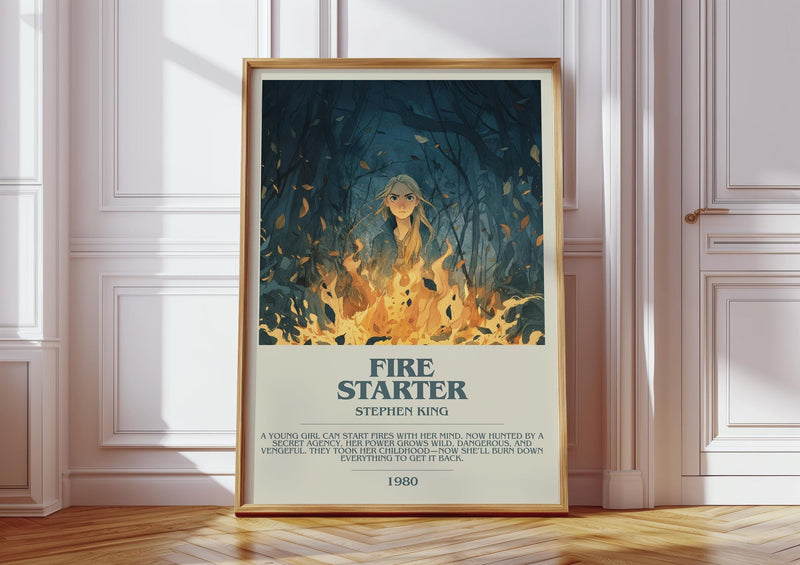 Firestarter bookish print in frame leaning in hallway – horror wall art
