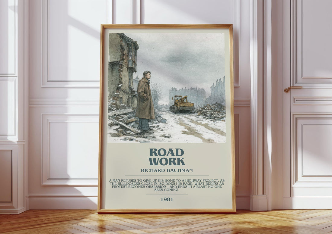 Roadwork bookish print in frame leaning in hallway – thriller wall art (mockup)