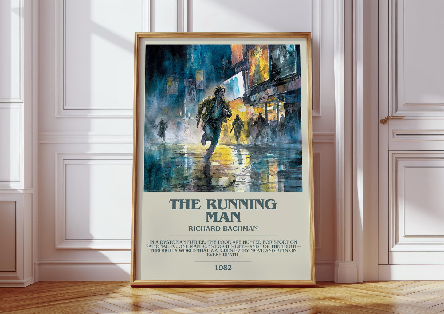 The Running Man bookish print in frame leaning in hallway – dystopian wall art