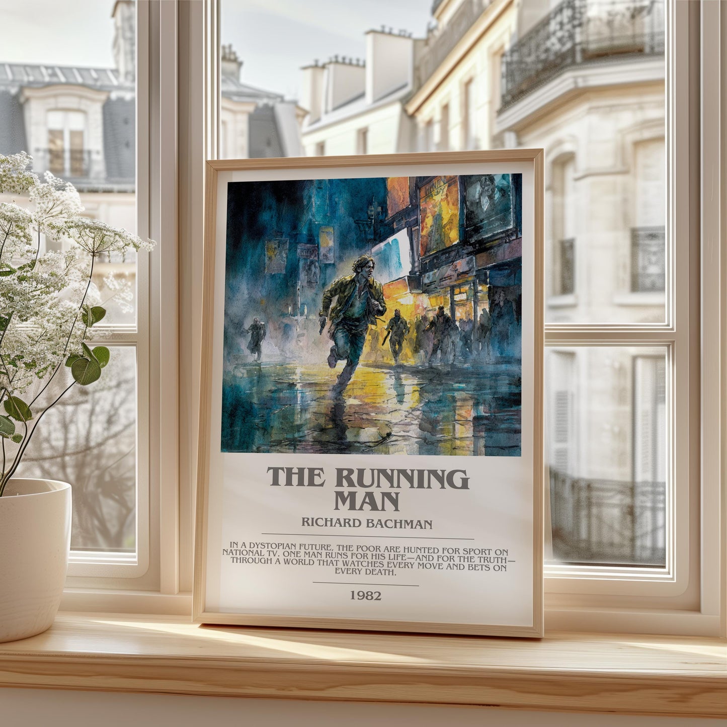 The Running Man bookish print framed by window – literary home decor