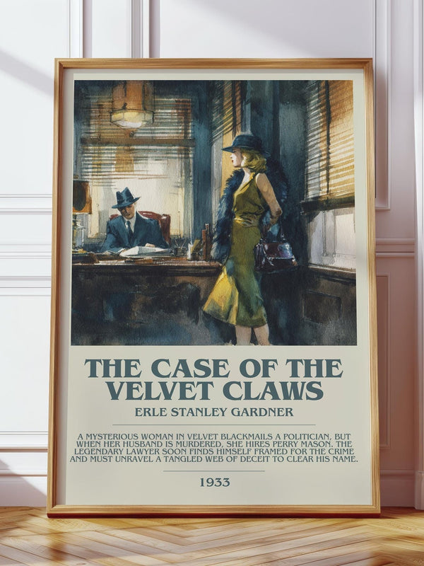The Case of the Velvet Claws bookish print in frame leaning in hallway – mystery wall art